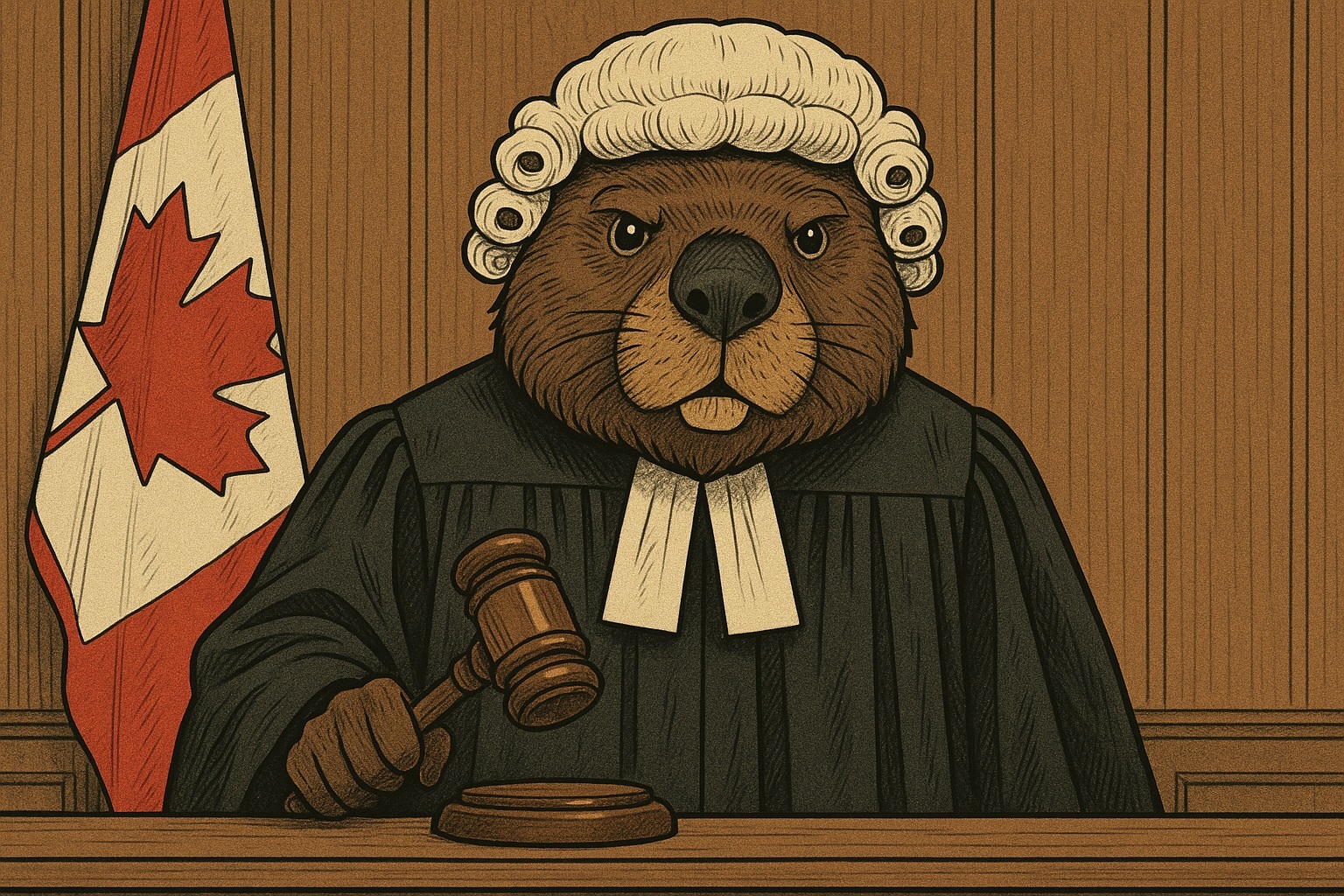 A cartoon showing a beaver as a judge in a Canadian courtroom