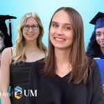 Headshots of four females. Two wearing grad caps and gowns, two wearing black blouses.