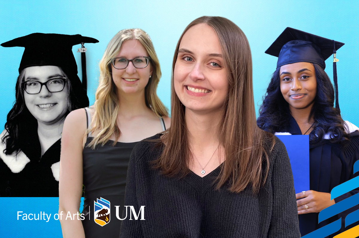 Headshots of four females. Two wearing grad caps and gowns, two wearing black blouses.