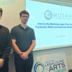 Left to right: Donald Plant (2L) and Lee Margolis (2L) stand in front of the Manitoba Legal Clinic for the arts poster and their power point presentation given to the Mid-Ocean School of Media Arts.