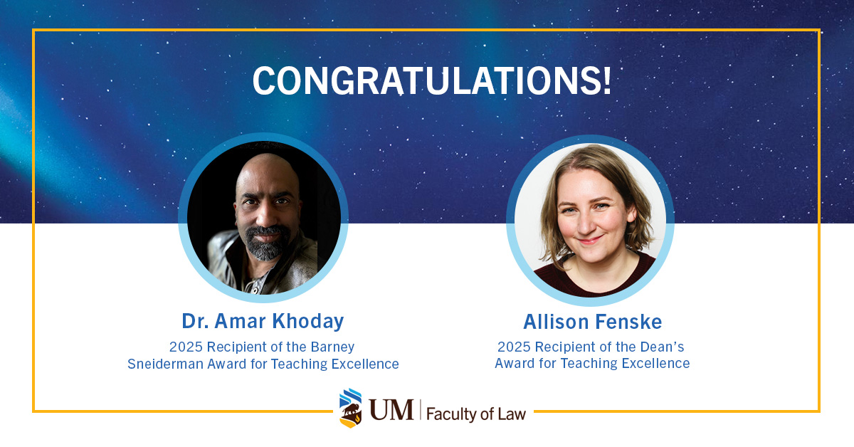 A graphic wishing congratulations to Amar Khoday and Allison Fenske. Their headshots appear in circles with captions under each. Amar won the Barney Sneiderman Award for Teaching Excellence and Allison won the Dean's Award for Teaching Excellence.
