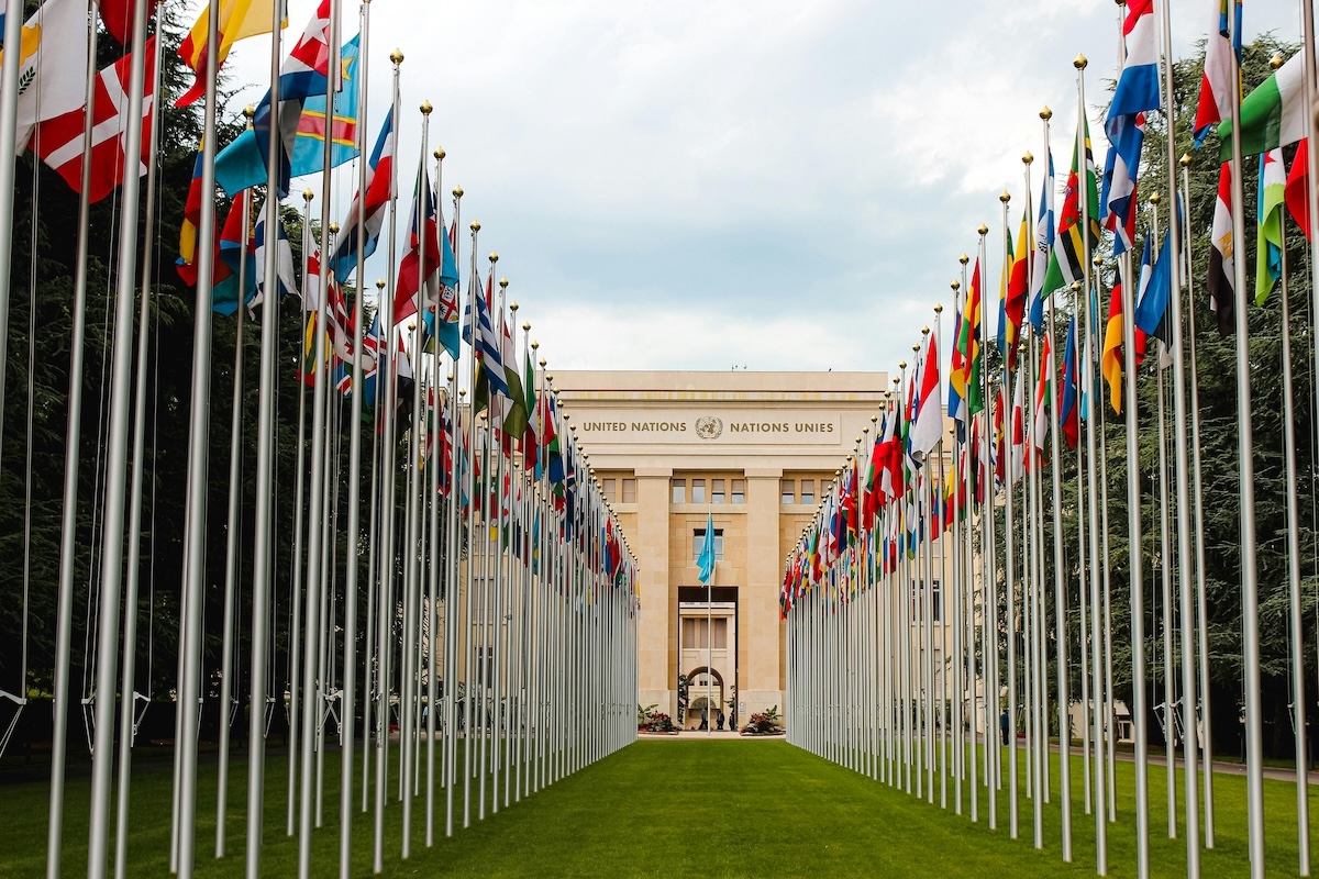 Flags of the 193 member nations at the United Nations Office, Geneva, Switzerland. Photo by Mathias Reding via Pexels