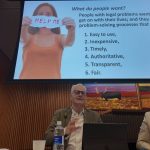 Three people sit under a screen showing a slide asking What do people want? People with legal problems want to get on with their lives; and they want problem-solving processes that are 1 easy to use, 2 Inexpensive 3 timely 4 authoritative 5 transparent 6 fair.