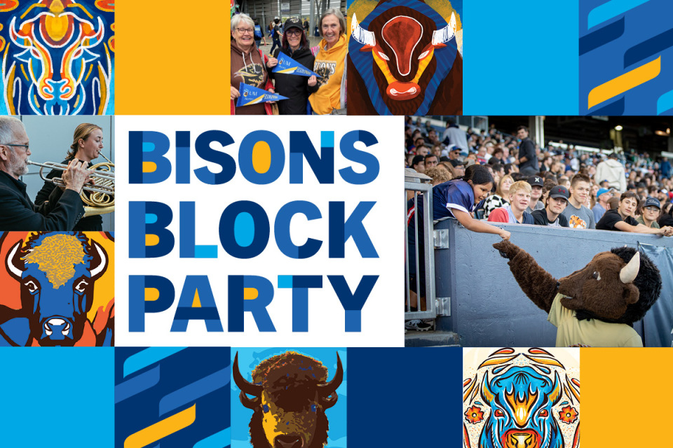 Bisons Block Party text with bison illustrations in blocks surrounding