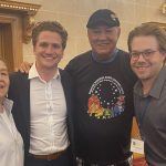 Left to right: Lorna Arcand, Travis Dech (3L), Eugene Arcand, and Thomas James-Davies (2L) at the 2025 Hockey Conference at Fort Garry Hotel.