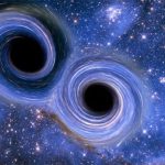 An artist's impression of two black holes merging, which can be detected on Earth through the gravitational waves the collision creates. (Victor de Schwanberg/SPL)