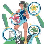 A graphic image showing a female soccer player and sociocultural factors highlighted in magnifying glasses.