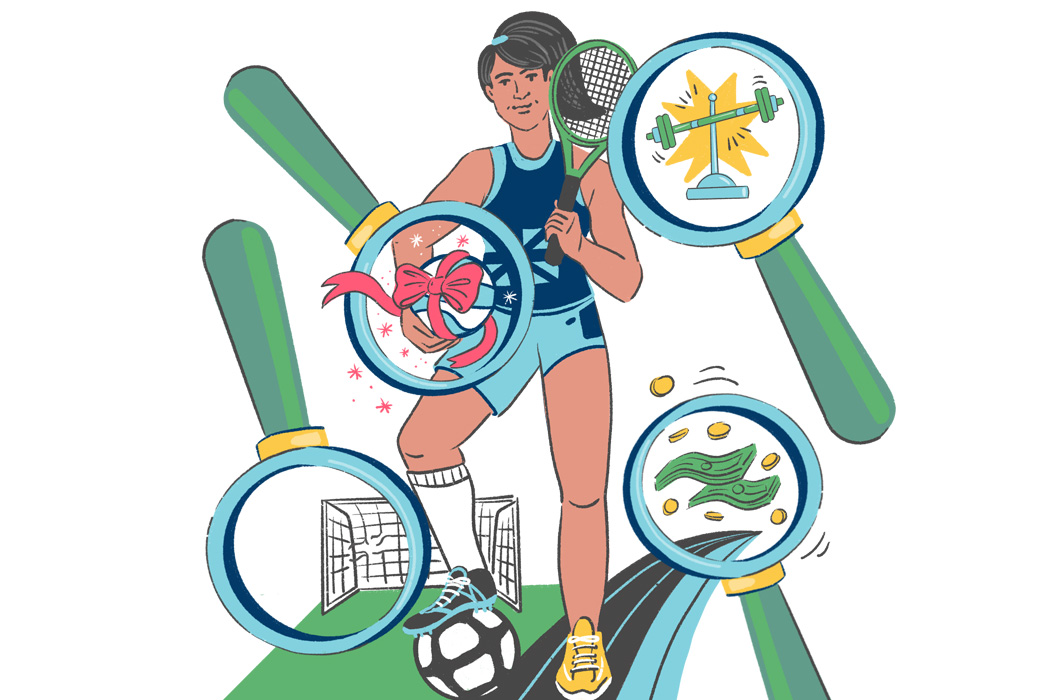 A graphic image showing a female soccer player and sociocultural factors highlighted in magnifying glasses.