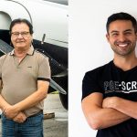 Split photo. A man standing in front of a plane and another with his arms crossed smiling with no background behind him.