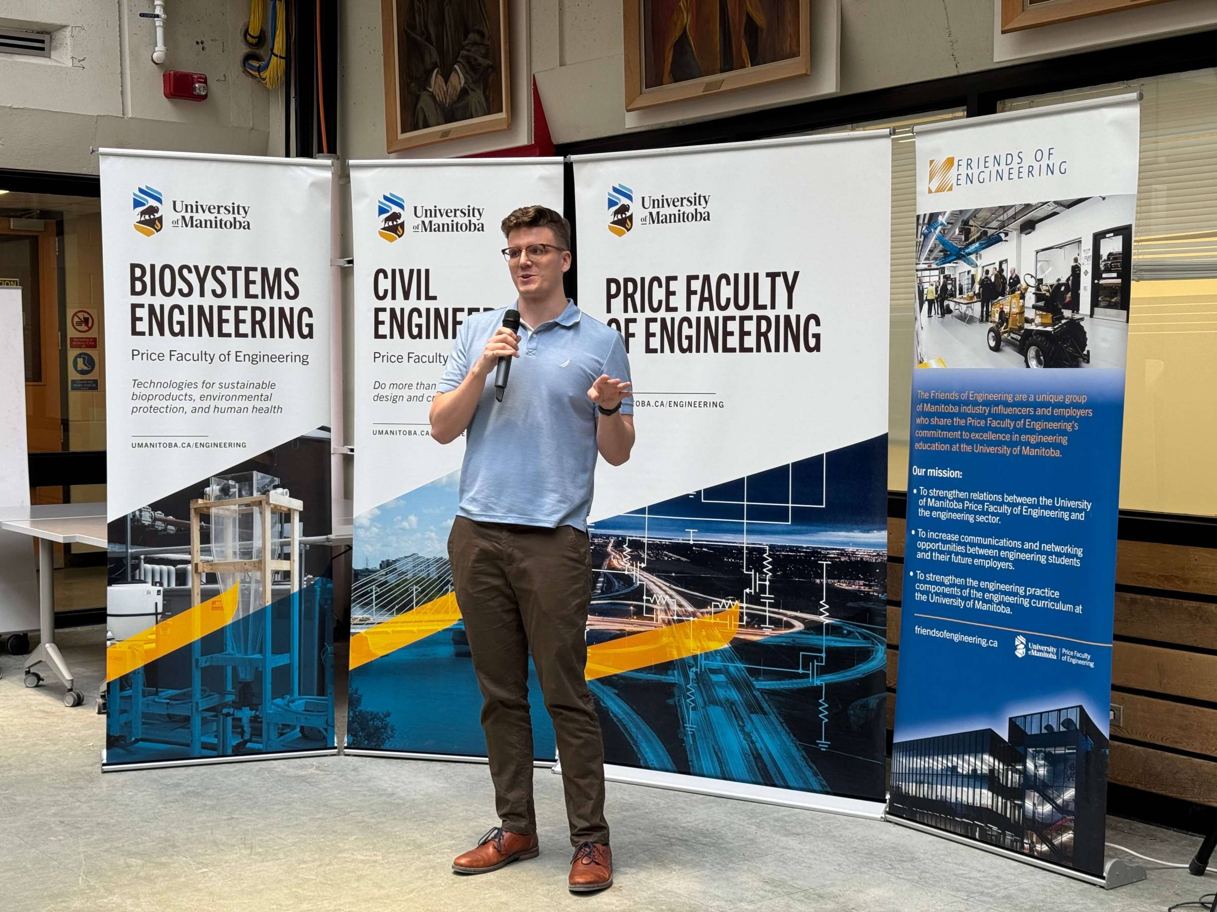 A person speaking with a microphone