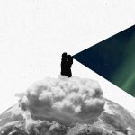 A figure standing on the top of the world with a triangle illustrating its voice, reflecting the northern lights