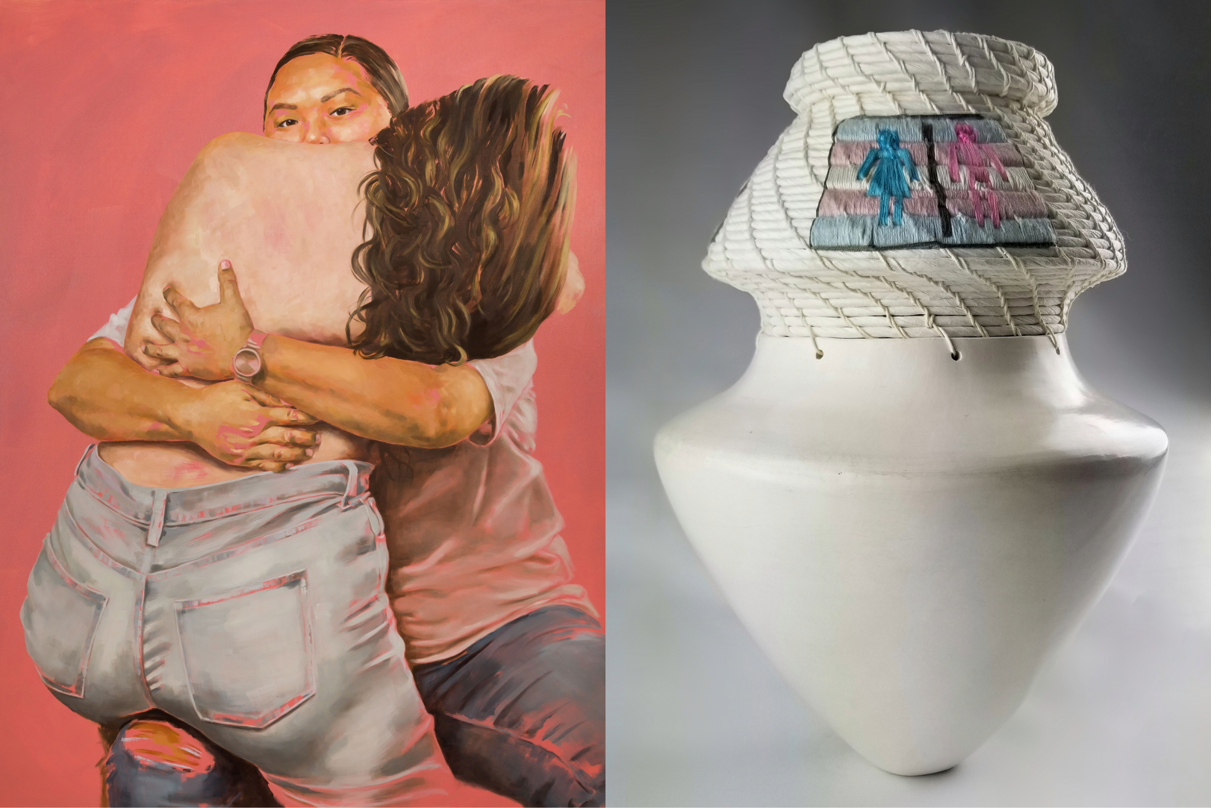 A collage showing two artworks. On the left is a painting of two people embracing. They both wear jeans. One person holds their partner tightly on their lap and locks eyes with the viewer. On the right is a photo of a vessel made of ceramic and woven material. The piece is white and the woven top features gendered bathroom symbols woven on top of the trans flag.