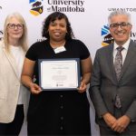 Anna Binto Diallo, one the 2023 Merit Award recipients, with President Michael Benarroch and Provost and Vice-President (Academic) Diane Hiebert-Murphy at the 2024 Faculty Recognition Reception.
