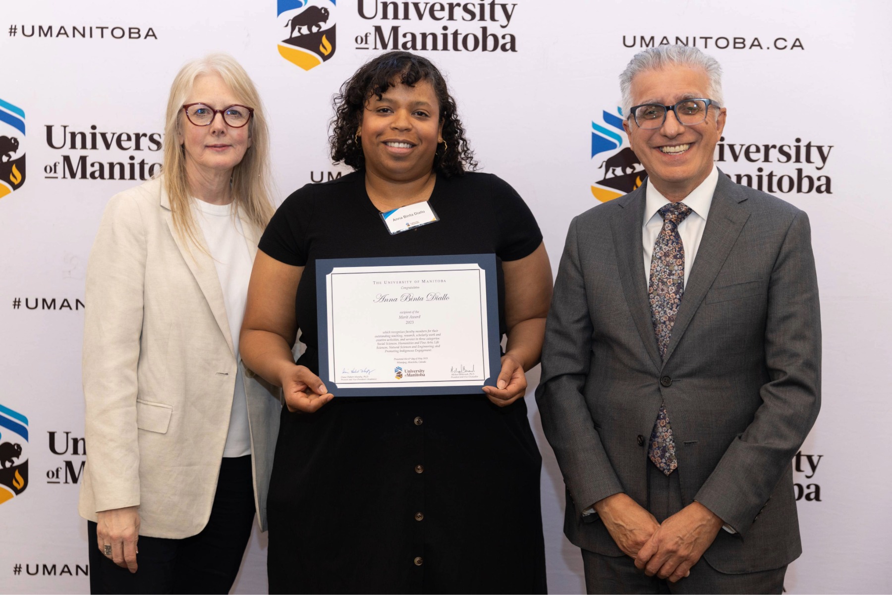 Anna Binto Diallo, one the 2023 Merit Award recipients, with President Michael Benarroch and Provost and Vice-President (Academic) Diane Hiebert-Murphy at the 2024 Faculty Recognition Reception.