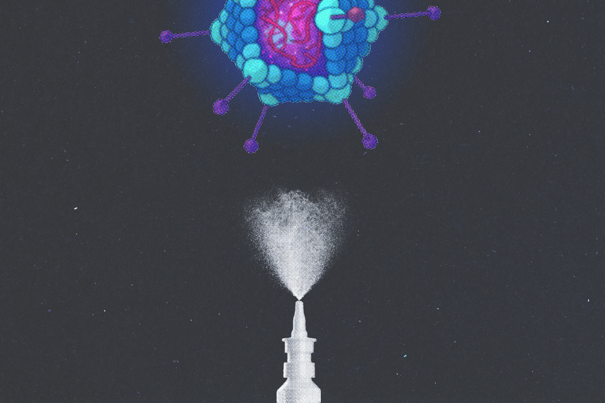 An illustrated collage of a virus above a nose spray bottle