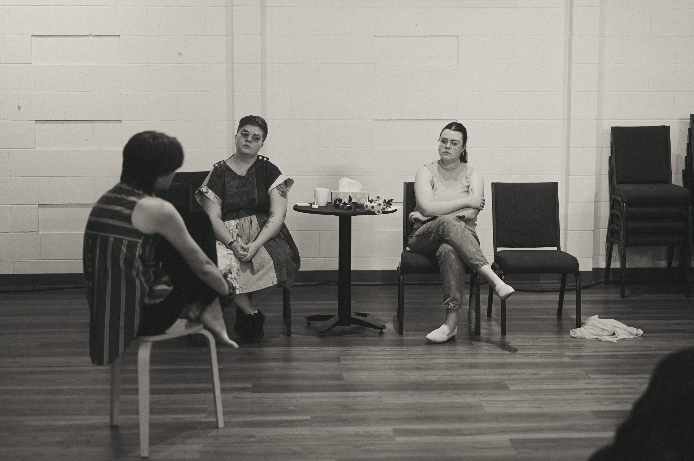 Eden Middleton (center) at their 2024 theatre piece After There Will Be Flowers with collaborators Eve Beauchamp (left) and Lizzie Rajchel (Right). Photo by Annie Wilde.