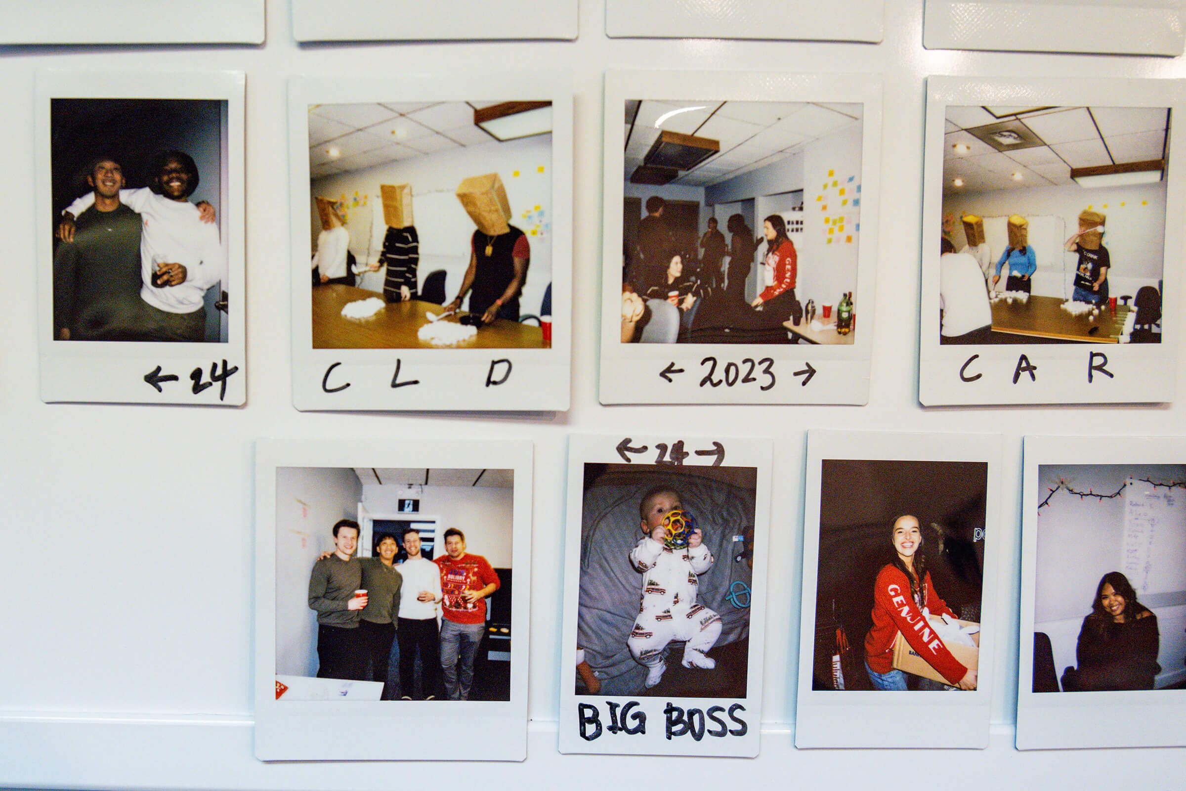 Polaroids of employees at their holiday party adorn Parallel’s boardroom fridge.
