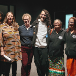 Dr. Mayor and Dr. Chamberlain with research asistants and Zoongizi Ode staff at the Millennium Library's Carol Shields Auditorium in October 2025
