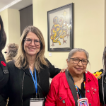 From left to right: Manitoba Legal Clinic for the Arts law student Jessie Canard (3L) with Kelly Thornton (Artistic Director, RMTC), Elder Barb Nepinak, Audrey Dwyer (Director of Granting, Manitoba Arts Council)