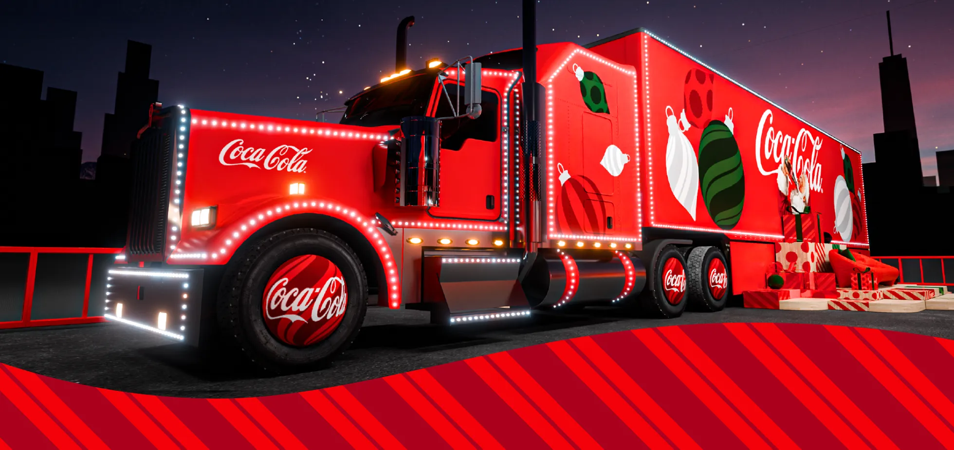A big red semi truck wrapped in lettering that says Coca Cola and festive white lights.