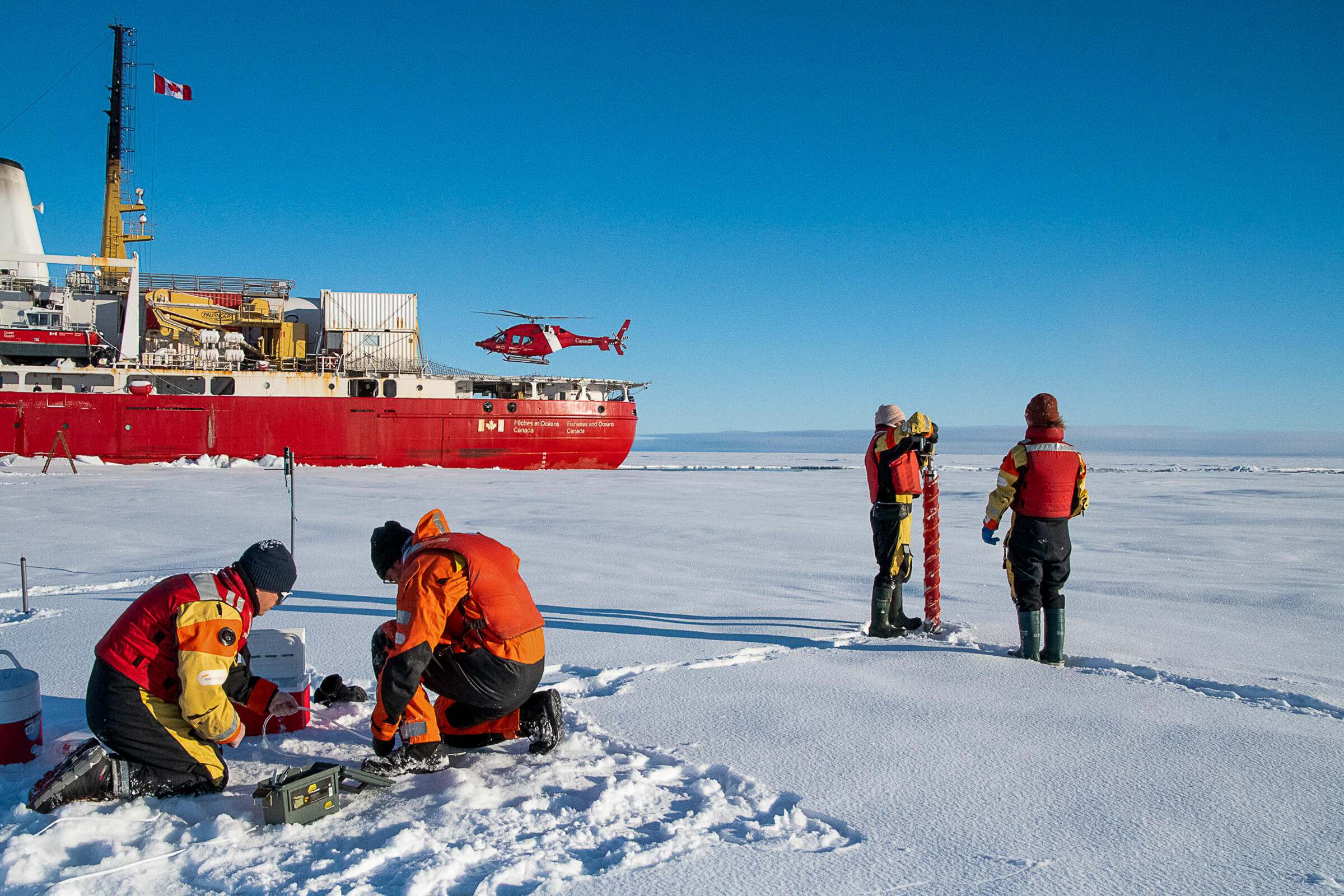 The Amundsen, which doubles as Canada’s Coast Guard ship, becomes home base for scientists venturing onto the ice for sampling, or travelling via helicopter to survey nearby icebergs and ice islands // Photo courtesy Amundsen Science