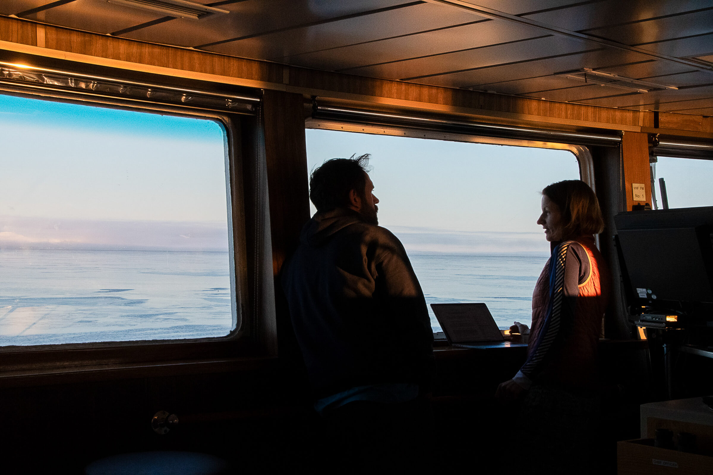 UM’s David Babb and Lisa Matthes, from the Department of Fisheries and Oceans, gather in the ship’s bridge to discuss planning as Co-Chief Scientists // Photo courtesy Amundsen Science