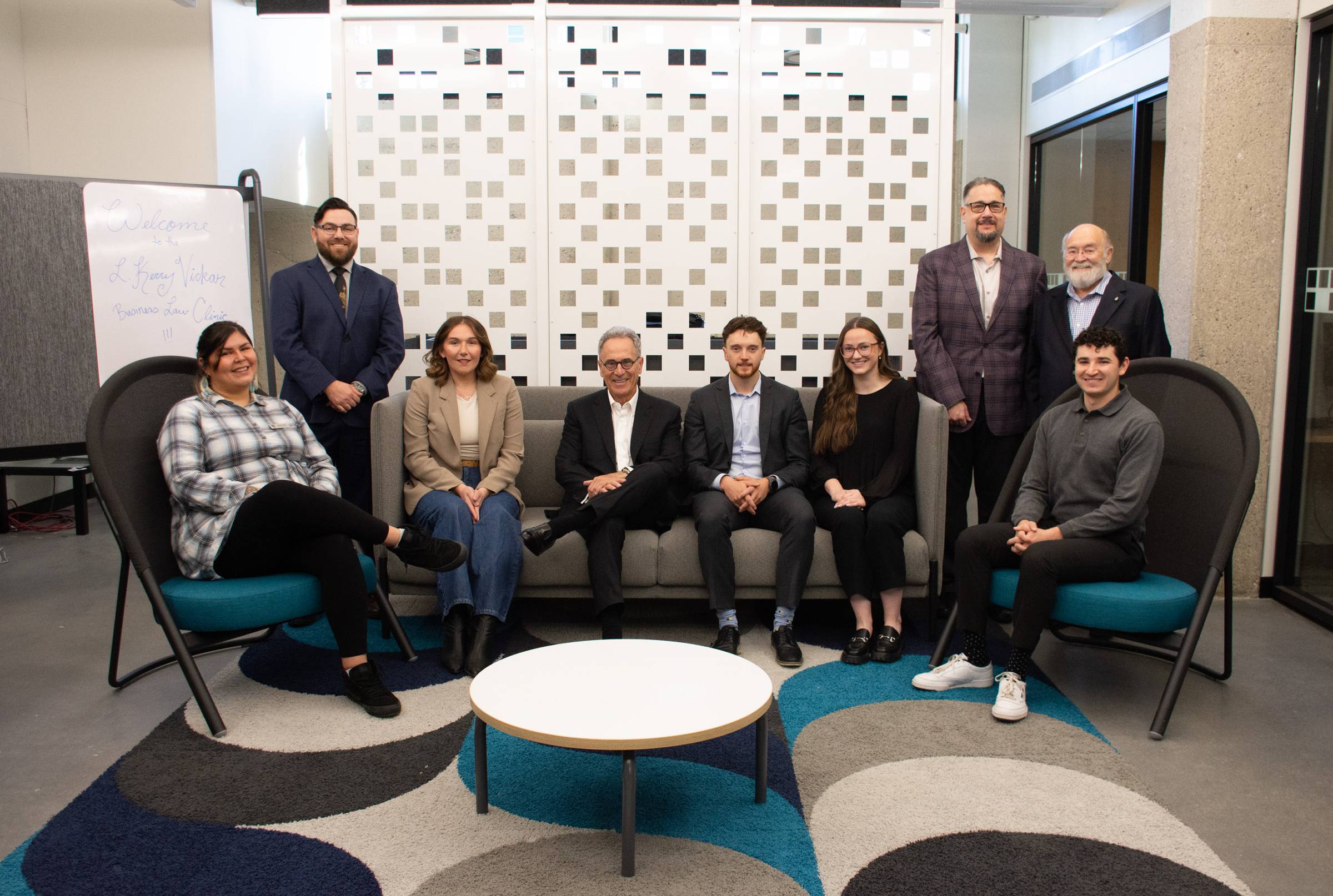 L. Kerry Vickar’s third visit to meet with third-year law students at his namesake business law clinic. Left to right: Jessica Canard, Yvan Larocque (Clinical Counsel), Tina Lerner, L. Kerry Vickar [LLB/80; LLD/25], Paul Chorney, Vanessa Smith, Dr. Richard Jochelson (Dean of Law), Nick Slonosky [BComm/76; LLB/79] (Supervising Lawyer), and Gilad Stitz. Photo by Christine Mazur.