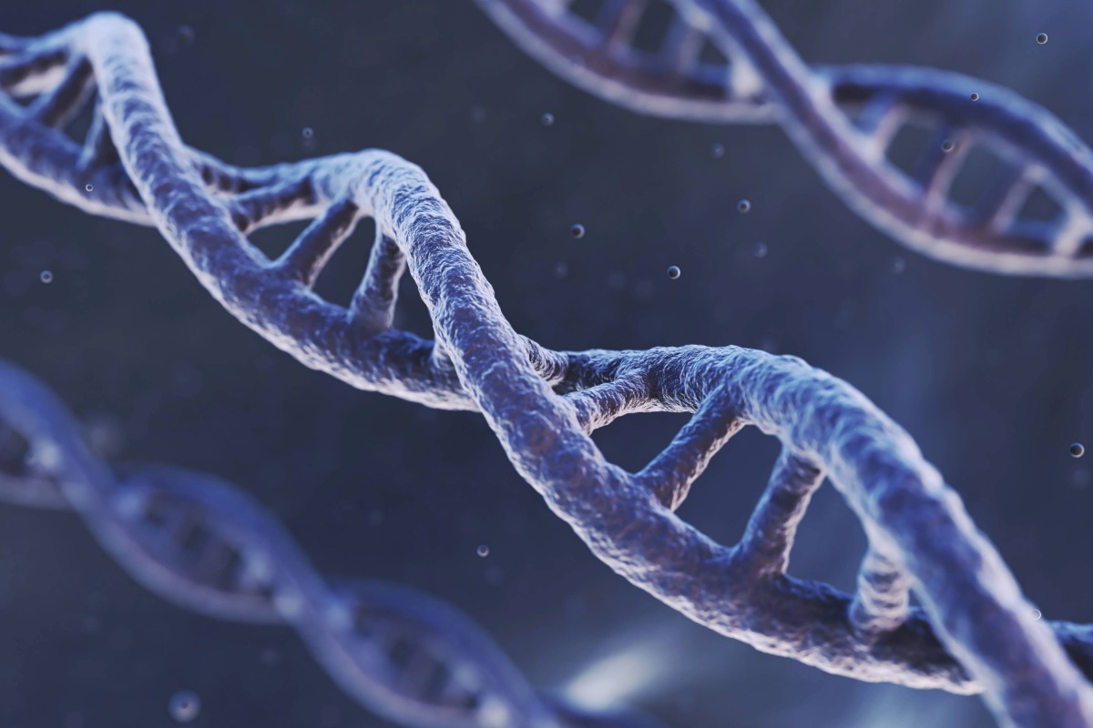 Digital 3D illustration of a DNA molecule in a spiral shape.
